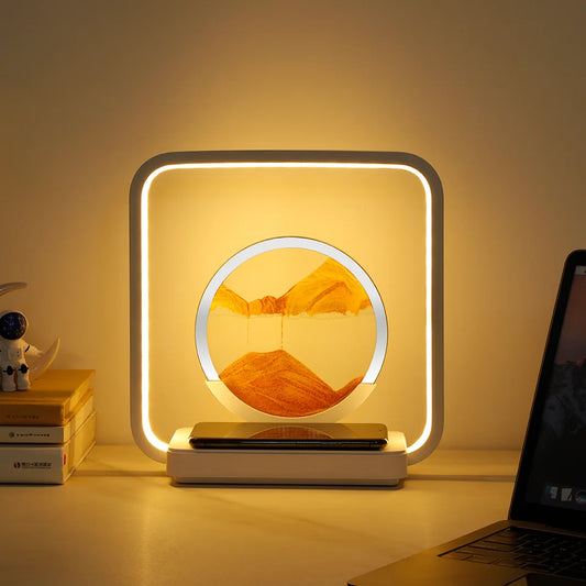 3D Flowing Sand LED Night Light Moving Sand Painting Hourglass for Bedroom Desk Lamp Home Decor with Wireless Charging