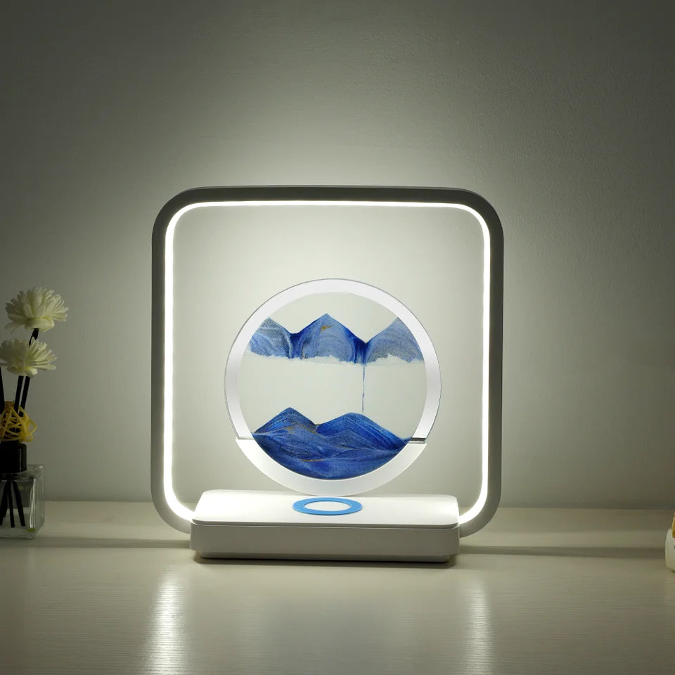 3D Flowing Sand LED Night Light Moving Sand Painting Hourglass for Bedroom Desk Lamp Home Decor with Wireless Charging