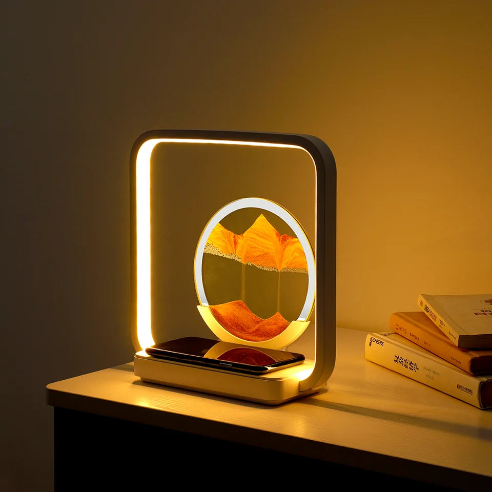 3D Flowing Sand LED Night Light Moving Sand Painting Hourglass for Bedroom Desk Lamp Home Decor with Wireless Charging